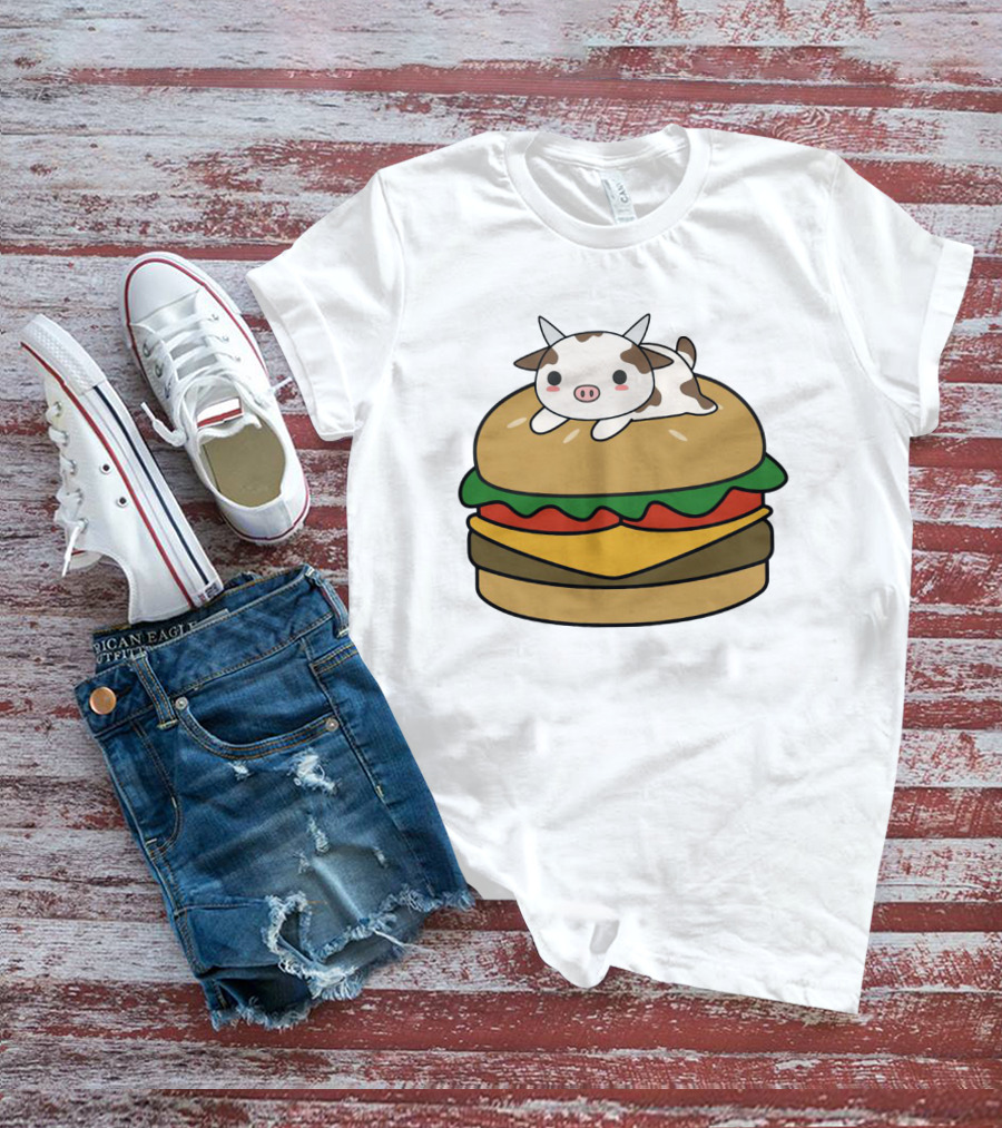 Funny Burger Cow Kawaii Cartoon Cheeseburger With Cute Animal Topping T-Shirt
