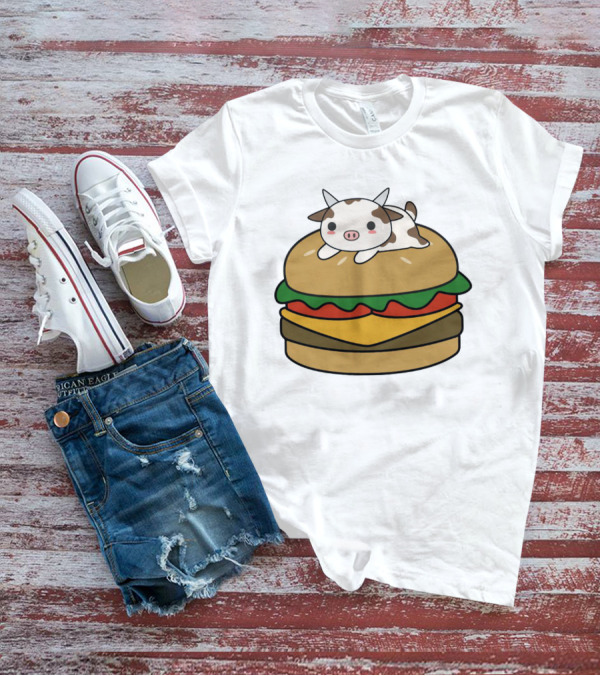 Funny Burger Cow Kawaii Cartoon Cheeseburger With Cute Animal Topping T-Shirt