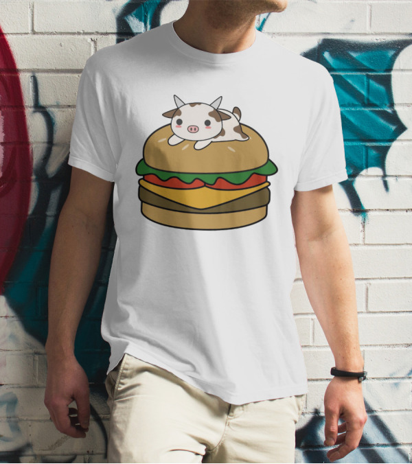 Funny Burger Cow Kawaii Cartoon Cheeseburger With Cute Animal Topping T-Shirt