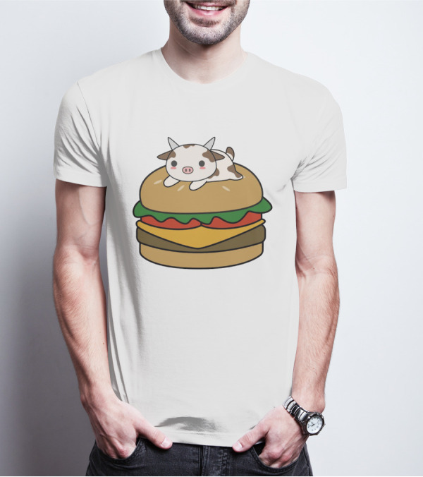 Funny Burger Cow Kawaii Cartoon Cheeseburger With Cute Animal Topping T-Shirt