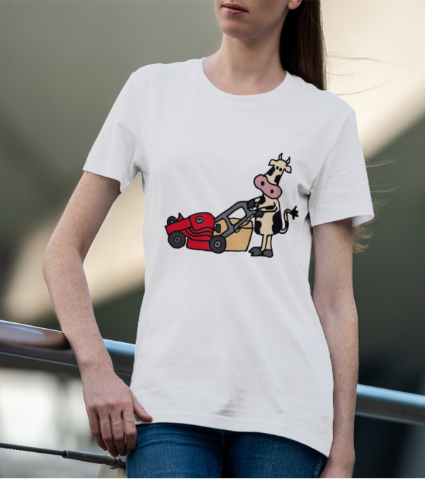 Funny Cow Mowing Grass Cartoon With Red Lawn Mower T-Shirt