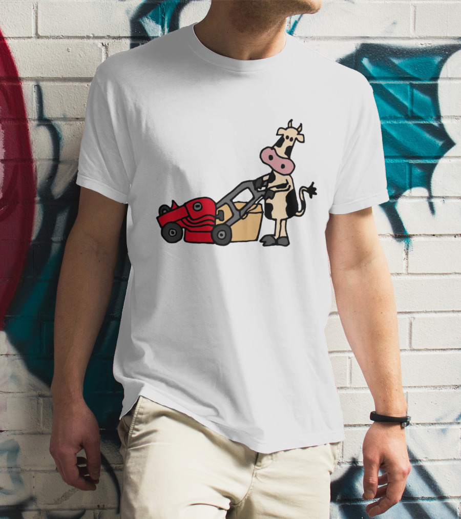 Funny Cow Mowing Grass Cartoon With Red Lawn Mower T-Shirt