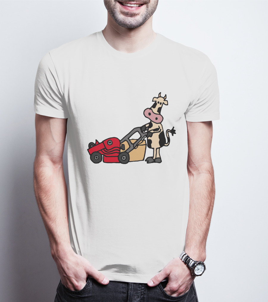 Funny Cow Mowing Grass Cartoon With Red Lawn Mower T-Shirt
