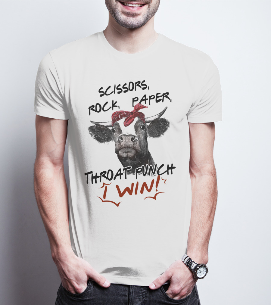 Scissors Rock Paper Throat Punch I Win Funny Cow Bandana T-Shirt