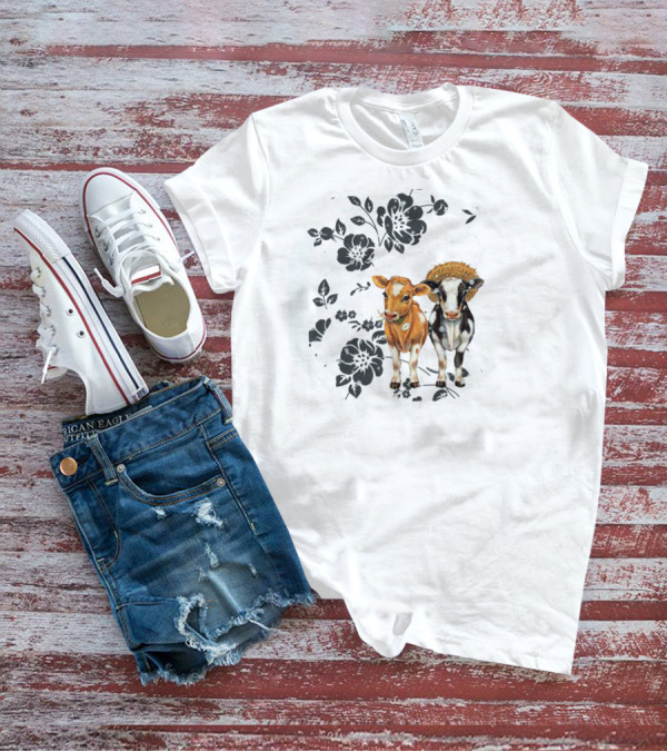 I Love Cows To The Moon And Back Floral Black And White Cow T-Shirt