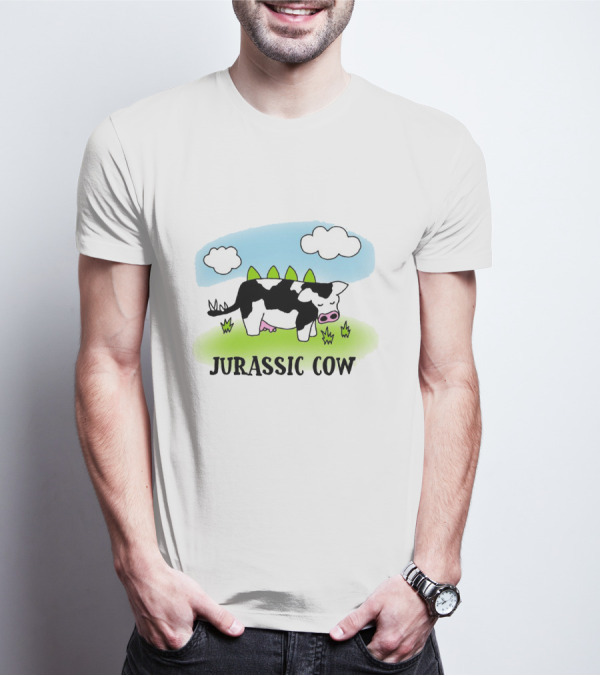 Jurassic Cow Grazing With Dinosaur Spikes Under Blue Sky And Clouds In Cartoon T-Shirt