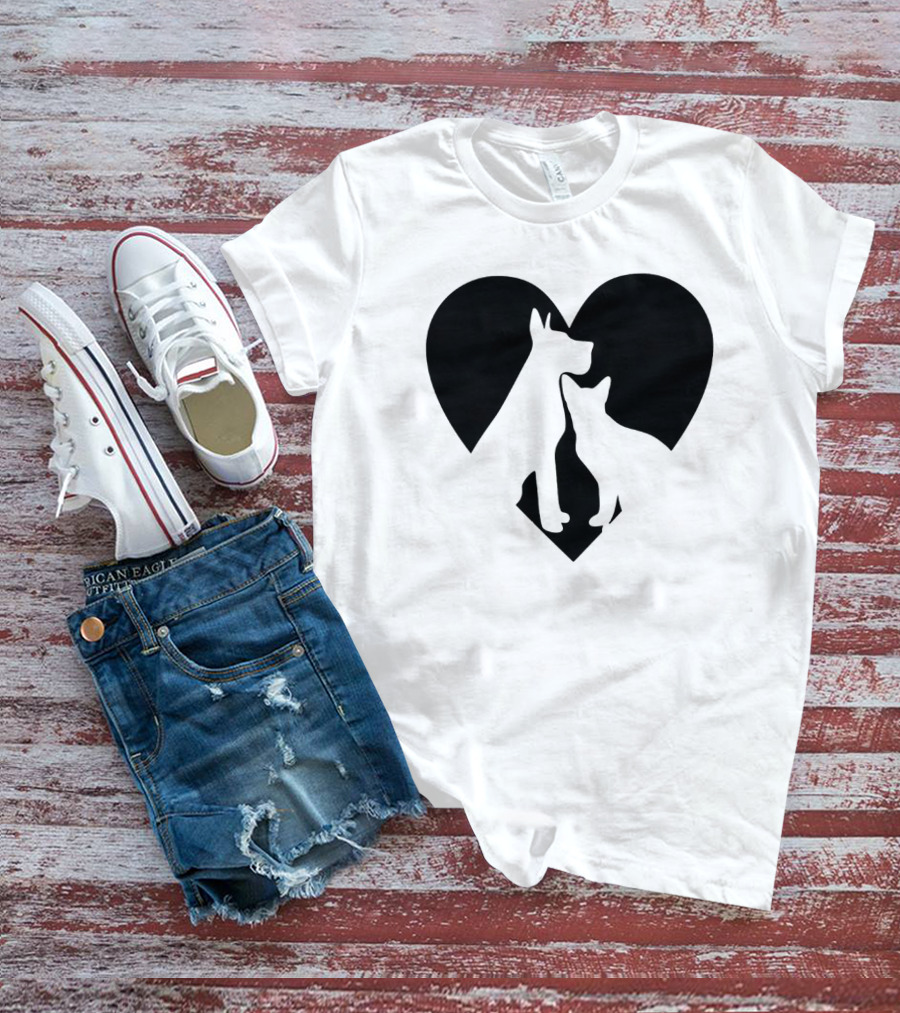 Love Animals Heart Silhouette Featuring Dog And Cat T-Shirt