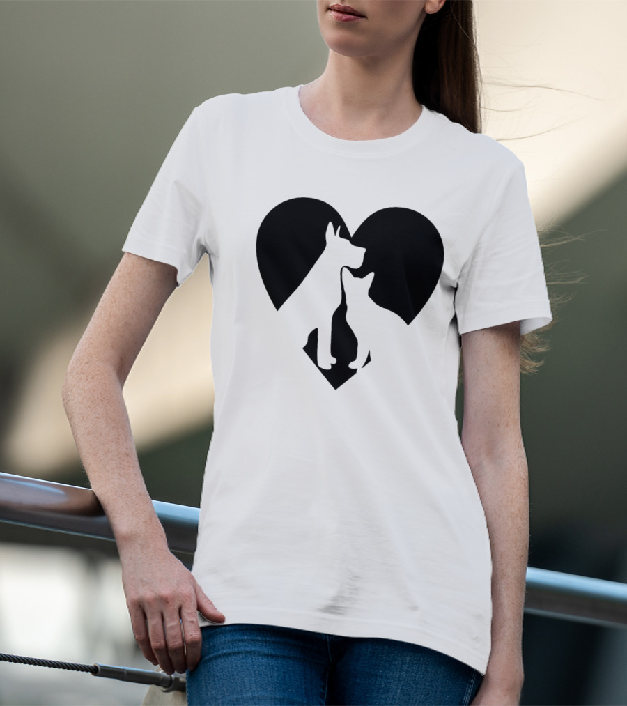 Love Animals Heart Silhouette Featuring Dog And Cat T-Shirt