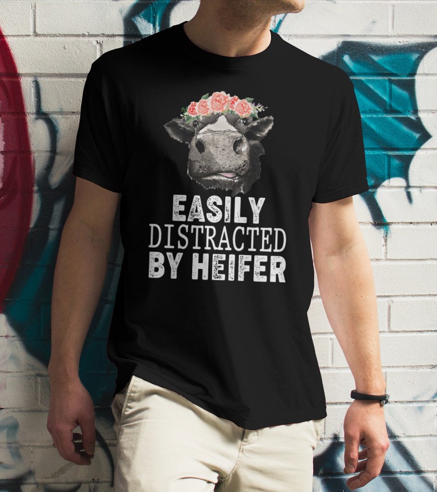 Easily Distracted By Heifer Floral Cow With Flower Crown T-Shirt