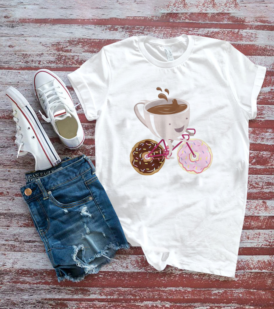 Happy Coffee Cup Riding Donut Bicycle Fun T-Shirt