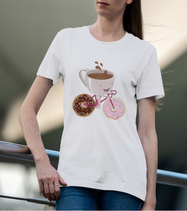 Happy Coffee Cup Riding Donut Bicycle Fun T-Shirt