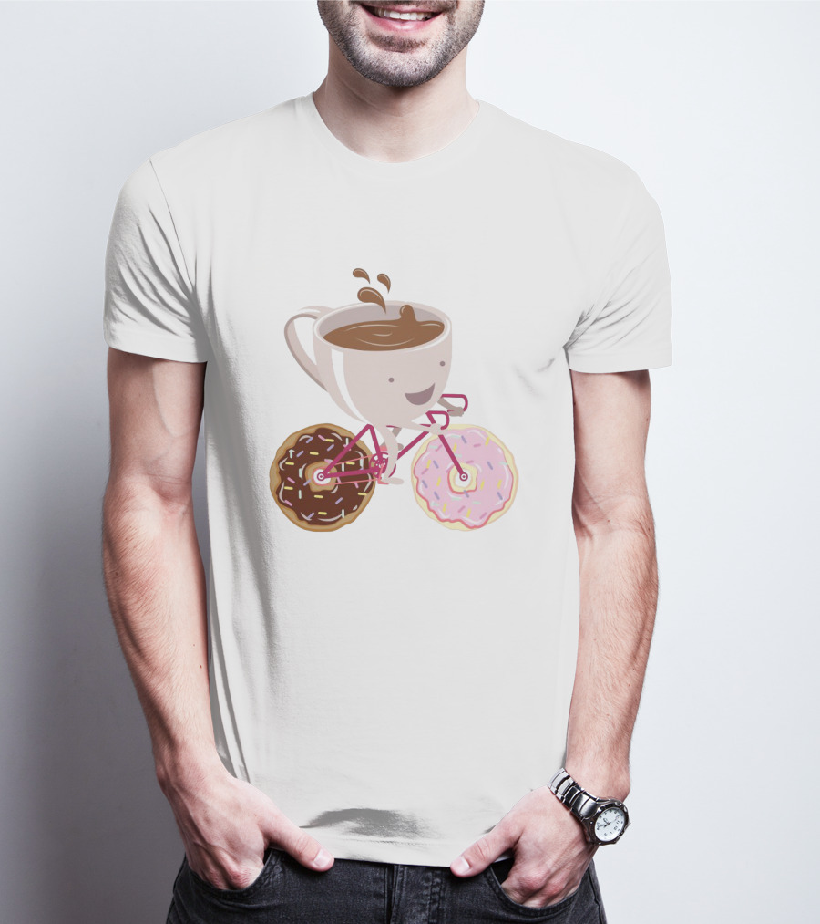 Happy Coffee Cup Riding Donut Bicycle Fun T-Shirt