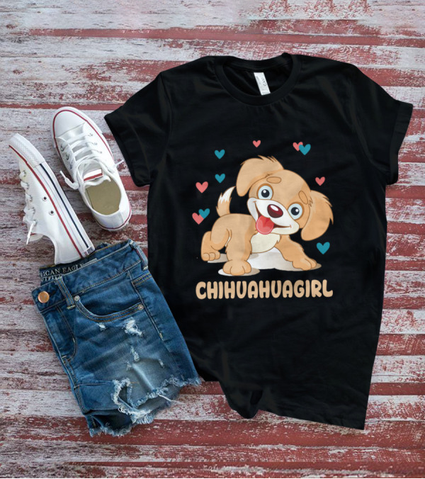 Chihuahuagirl Cute Cartoon Puppy Surrounded By Colorful Hearts T-Shirt