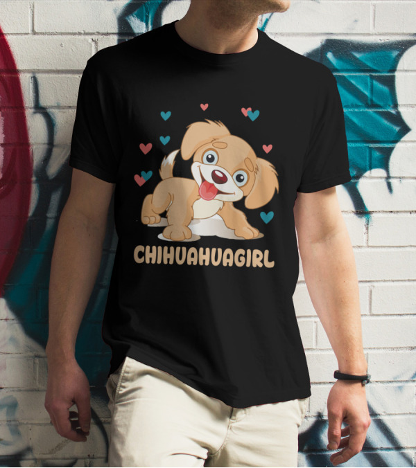Chihuahuagirl Cute Cartoon Puppy Surrounded By Colorful Hearts T-Shirt