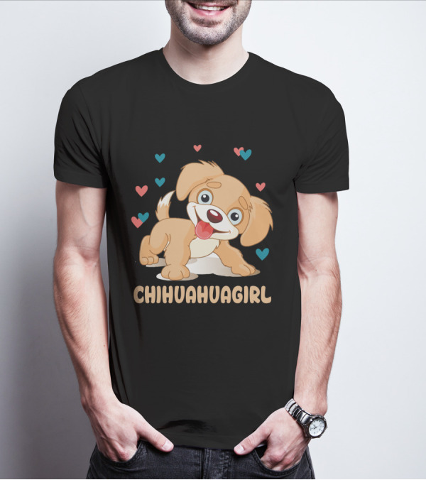 Chihuahuagirl Cute Cartoon Puppy Surrounded By Colorful Hearts T-Shirt