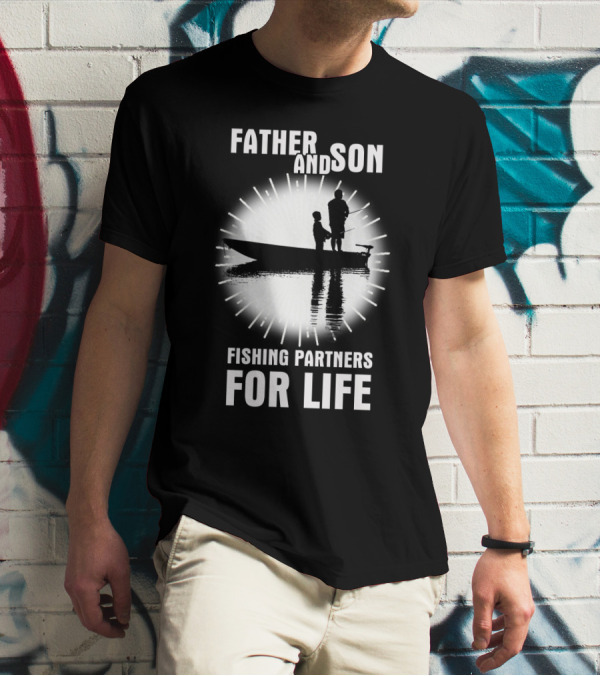 Father And Son Fishing Partners For Life Boat Silhouette Sunburst T-Shirt