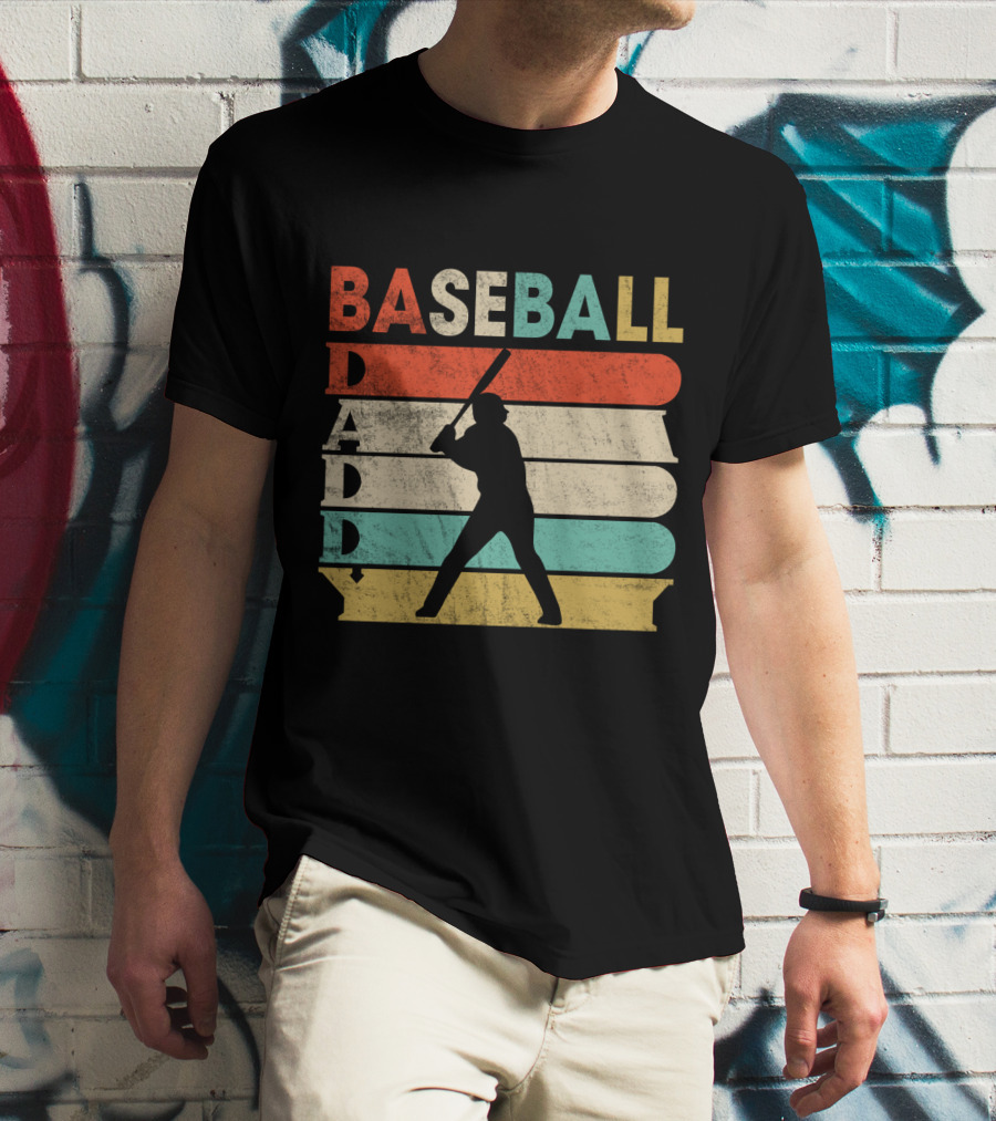 Retro Baseball Daddy Vintage Stripes Silhouette Batter T-Shirt