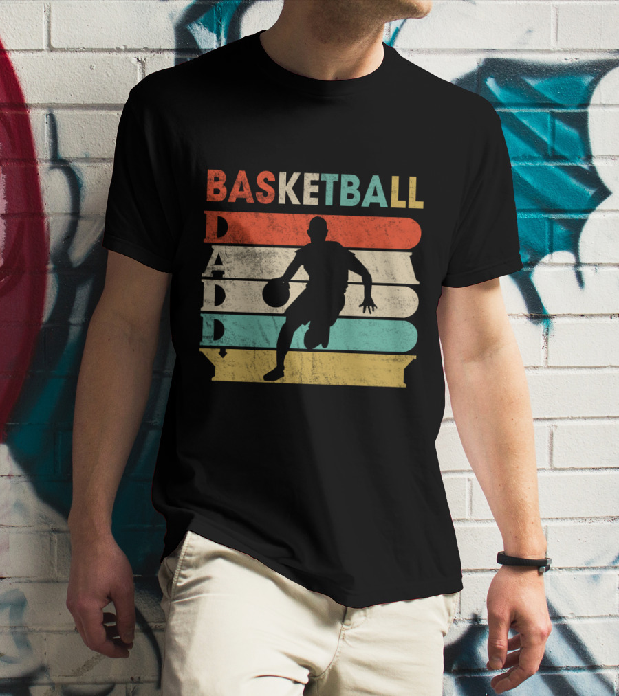 Basketball Daddy Retro Silhouette Player Vintage Stripes T-Shirt