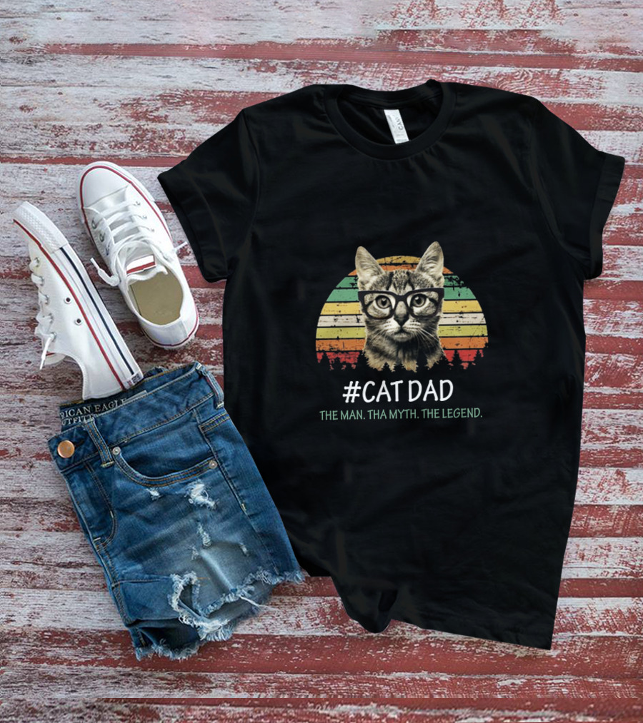 Cat Dad The Man Tha Myth The Legend Vintage Striped Glasses Cat T-Shirt