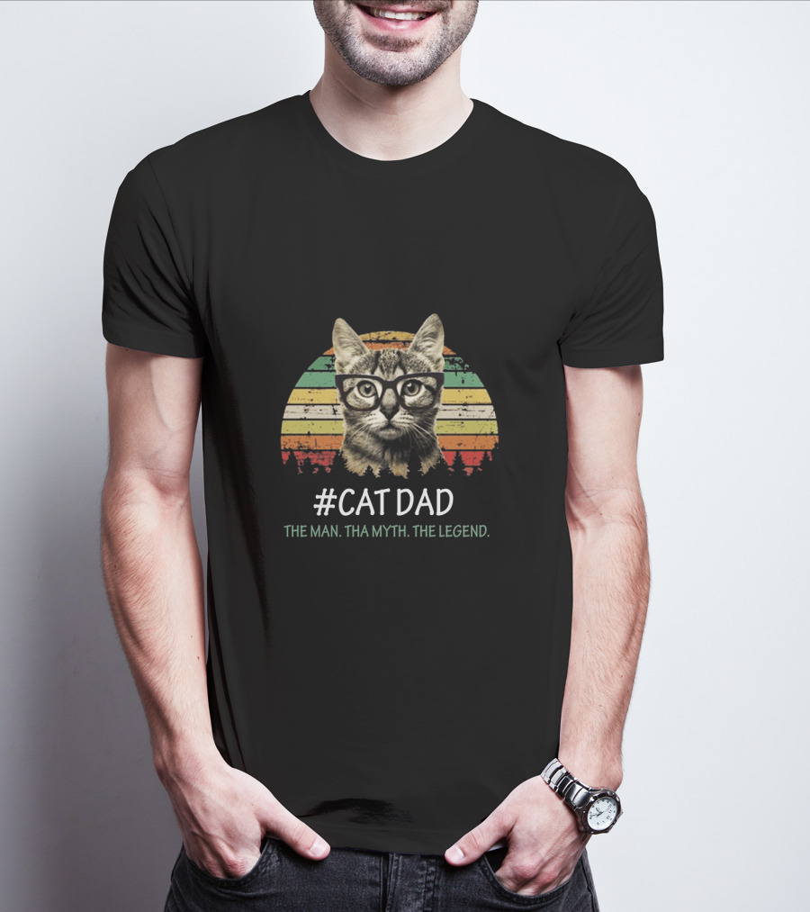Cat Dad The Man Tha Myth The Legend Vintage Striped Glasses Cat T-Shirt