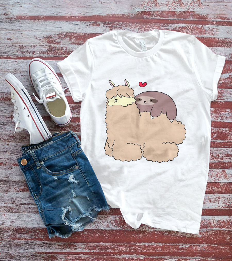 Sloth Loves Alpaca Heartwarming Cuddle Embrace With Cute Llama Vibes T-Shirt