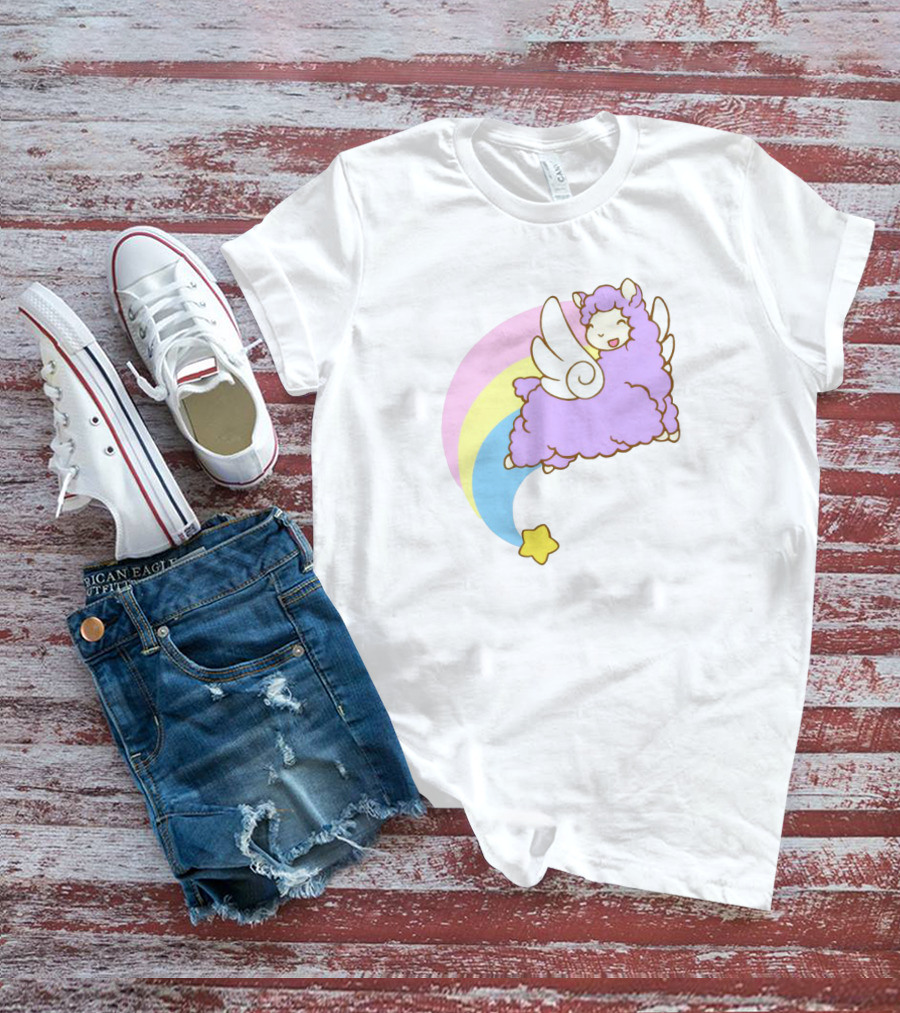 Flying Alpacasus: Winged Purple Alpaca With Rainbow And Star Trail T-Shirt