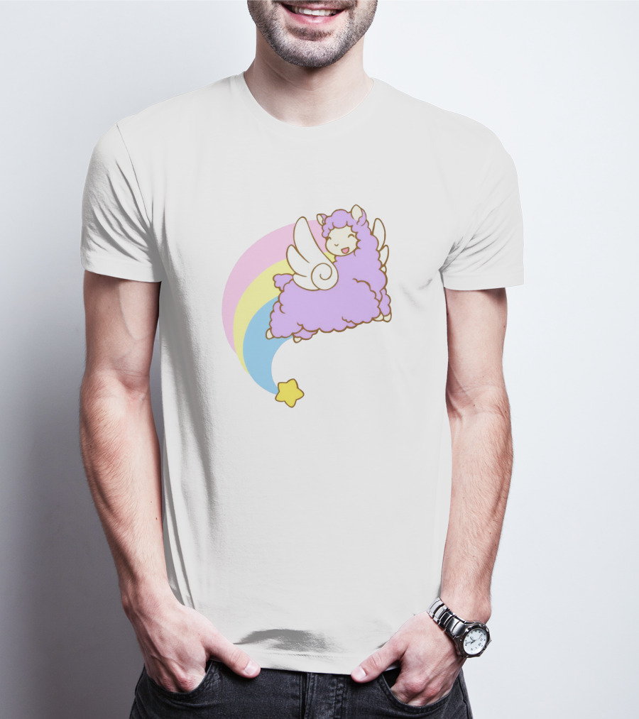 Flying Alpacasus: Winged Purple Alpaca With Rainbow And Star Trail T-Shirt