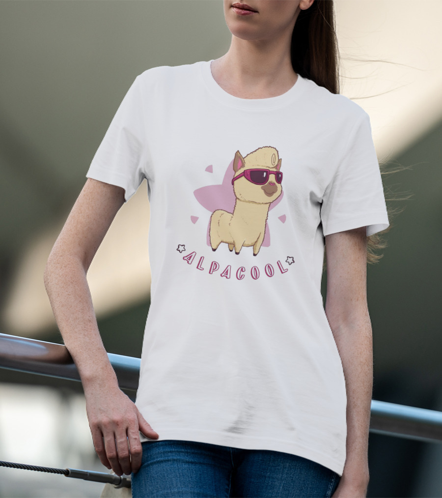 Alpacool Sunglasses-Wearing Alpaca With Pink Heart Background T-Shirt