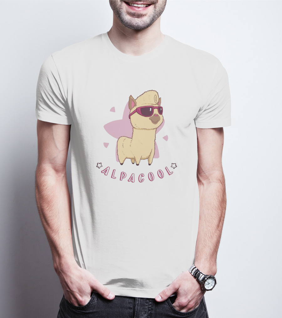 Alpacool Sunglasses-Wearing Alpaca With Pink Heart Background T-Shirt