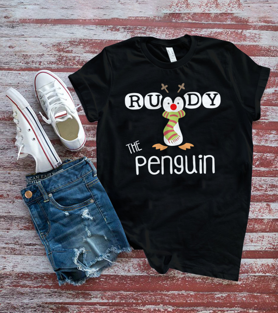 Rudy The Penguin With Antlers And Scarf Holiday T-Shirt