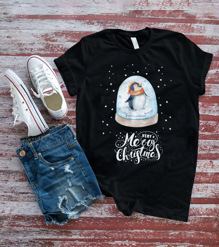 Penguin In Snow Globe Very Merry Christmas T-Shirt
