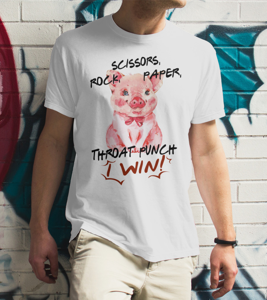 Scissors Rock Paper Throat Punch I Win Cute Pig Watercolor T-Shirt