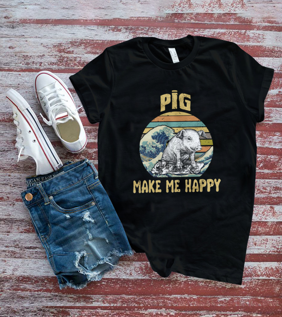 Pig Make Me Happy Retro Wave T-Shirt