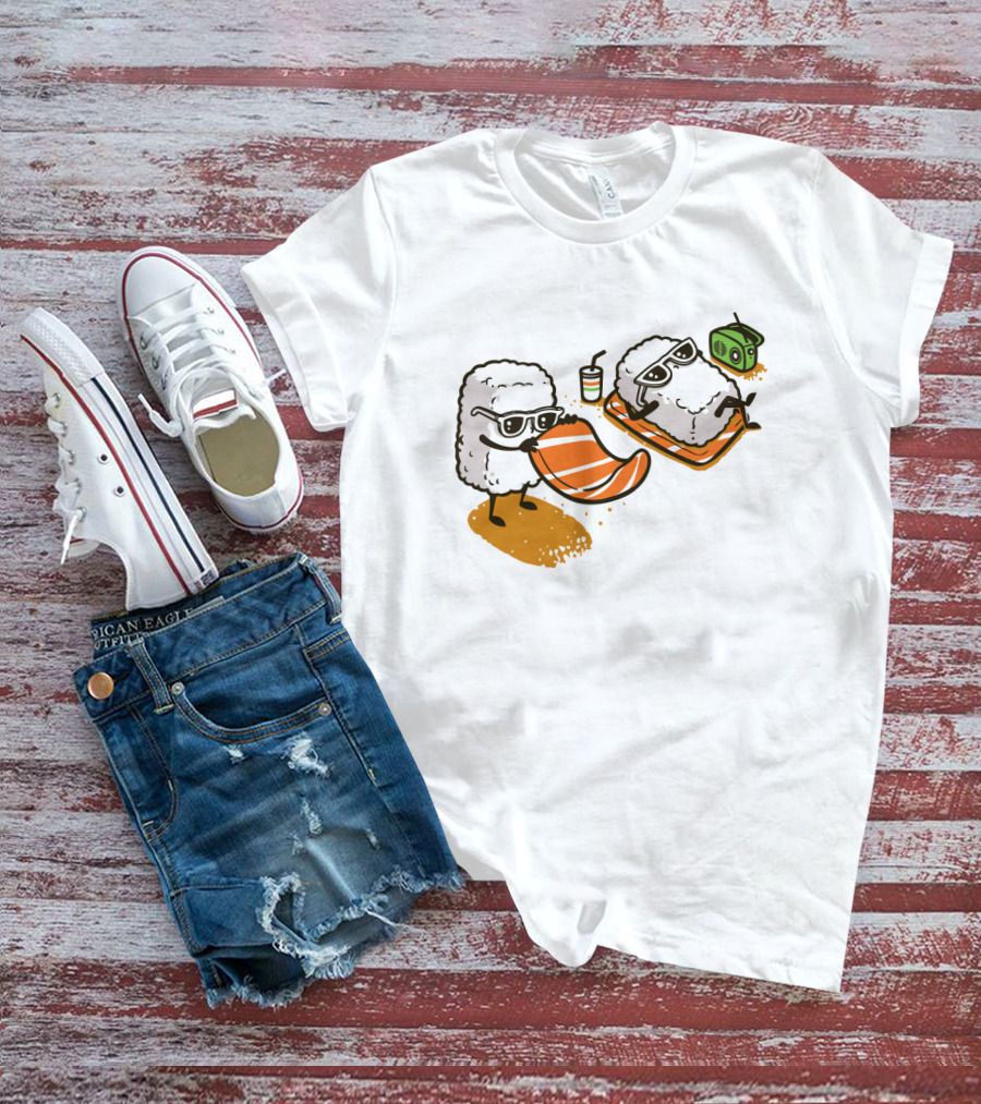 Sushi Chill Vibes: Cute Rice And Salmon Characters Relaxing With Shades And Radio T-Shirt