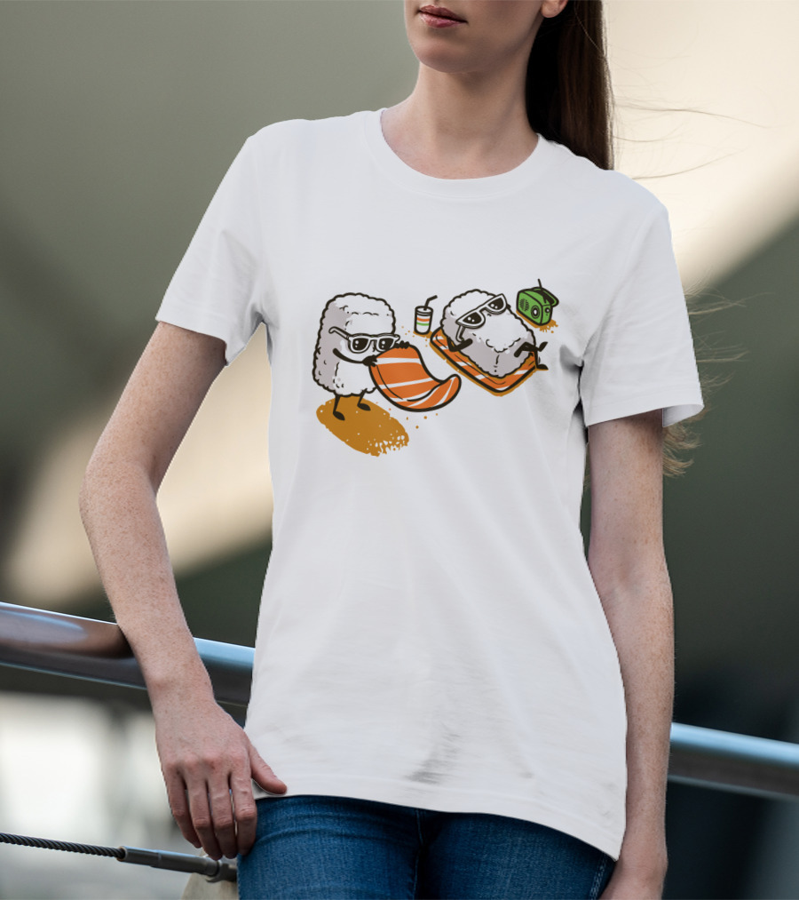 Sushi Chill Vibes: Cute Rice And Salmon Characters Relaxing With Shades And Radio T-Shirt