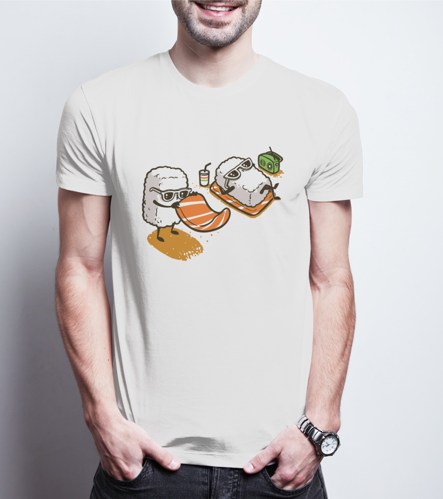 Sushi Chill Vibes: Cute Rice And Salmon Characters Relaxing With Shades And Radio T-Shirt