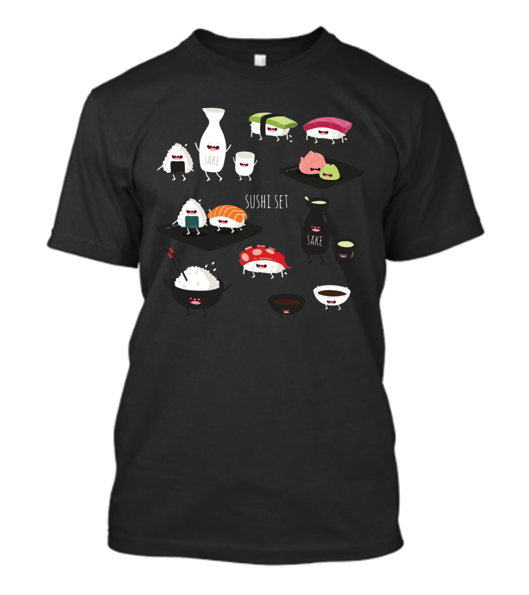 Sushi Set With Happy Sake Characters And Cute Cartoon Sushi Rolls T-Shirt