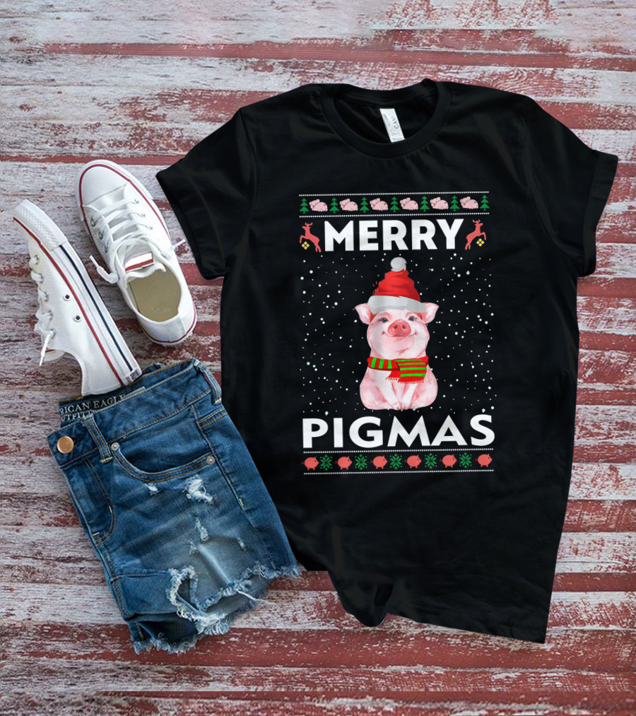 Merry Pigmas Christmas Pig Festive Holiday Santa Hat Scarf Snowflakes Icons T-Shirt