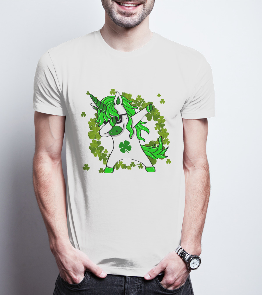 St. Patrick's Day Clover Unicorn Dabbing With Shamrock Mane Surrounded By Green Clovers T-Shirt