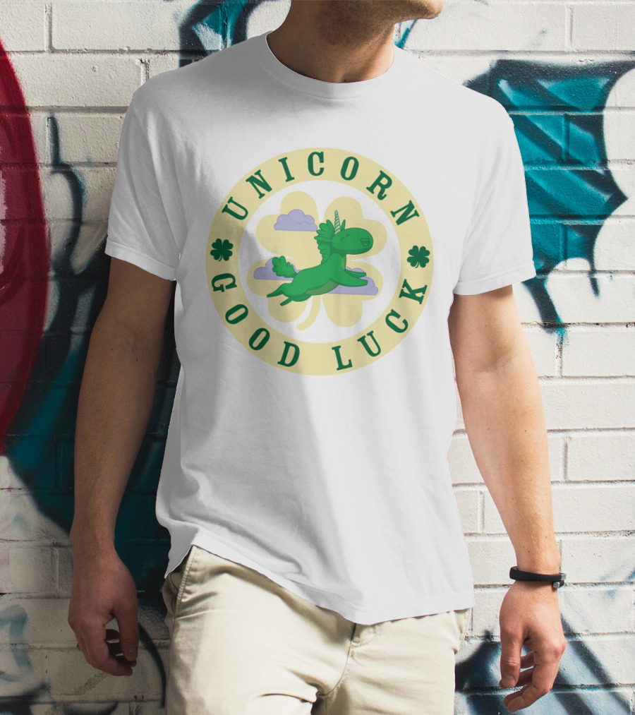 Unicorn Good Luck Clover Clouds Green Flying T-Shirt