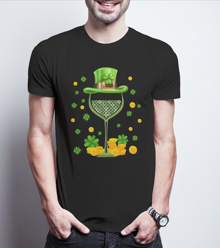 Patrick's Day Wine Glasses Leprechaun Hat Clover Coins T-Shirt