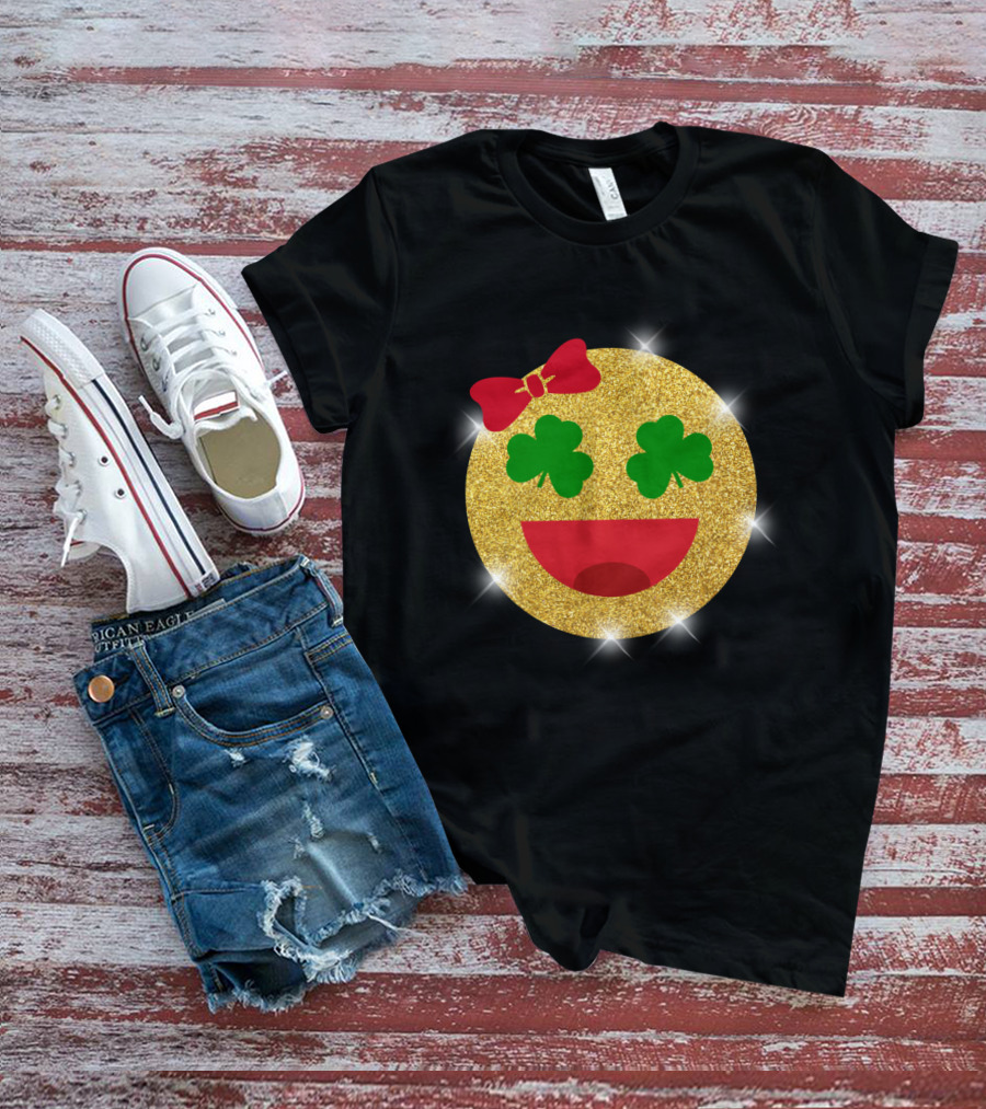 St Patrick's Day Glitter Shamrock Emoji Bow Smiley T-Shirt