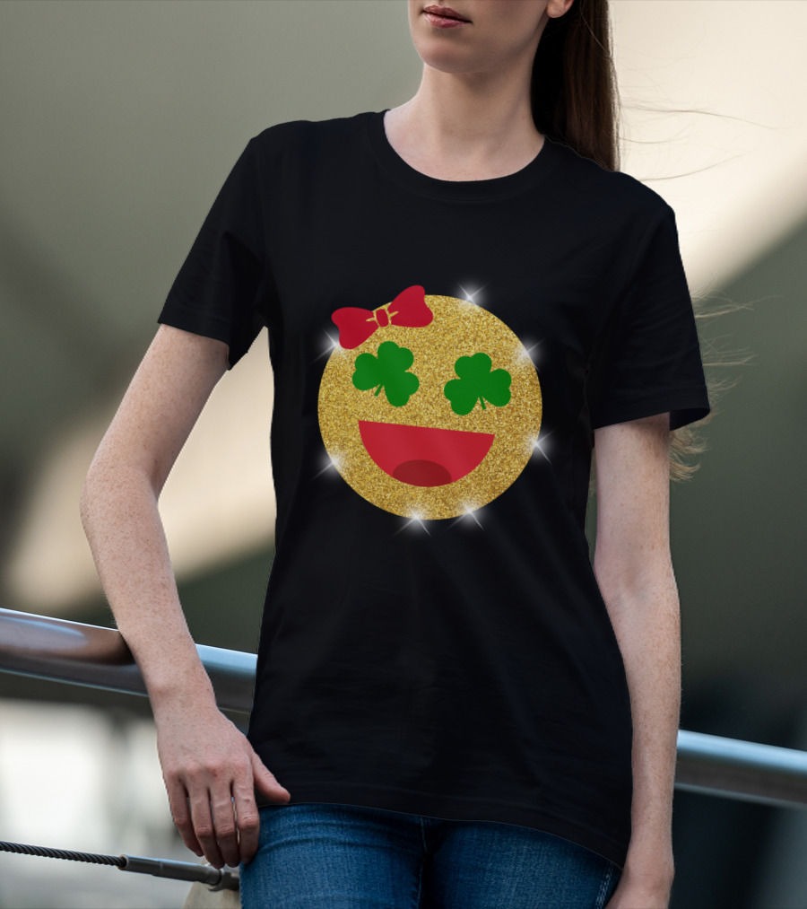 St Patrick's Day Glitter Shamrock Emoji Bow Smiley T-Shirt