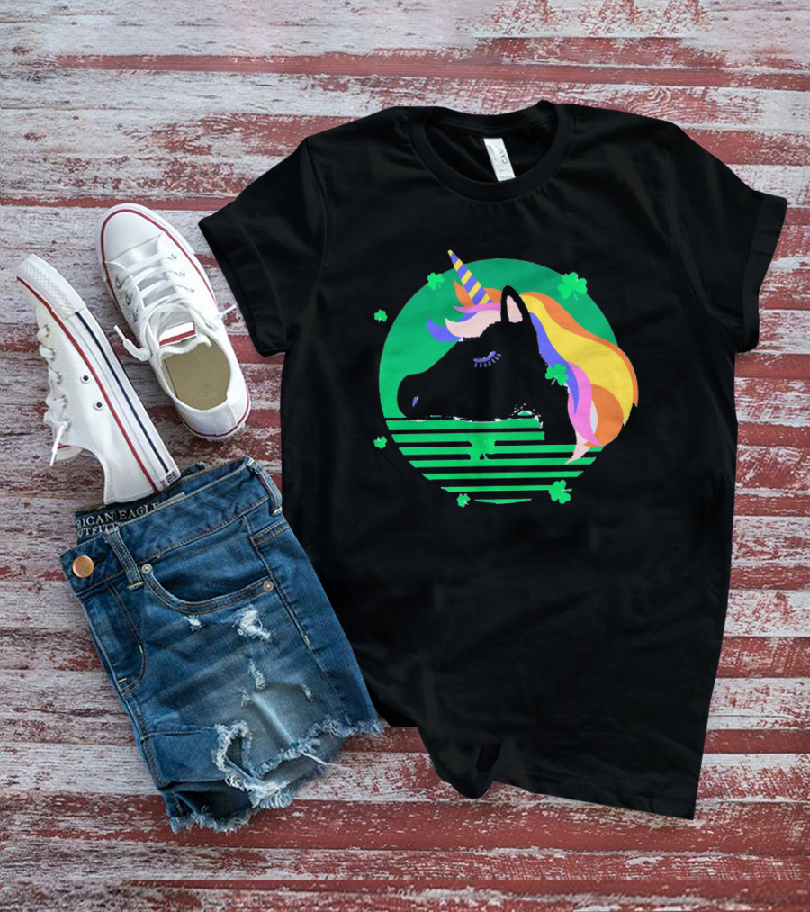 Rainbow Unicorn With Clover And Stripes St Patrick's Day T-Shirt