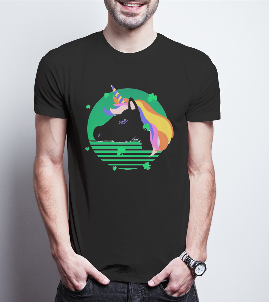 Rainbow Unicorn With Clover And Stripes St Patrick's Day T-Shirt