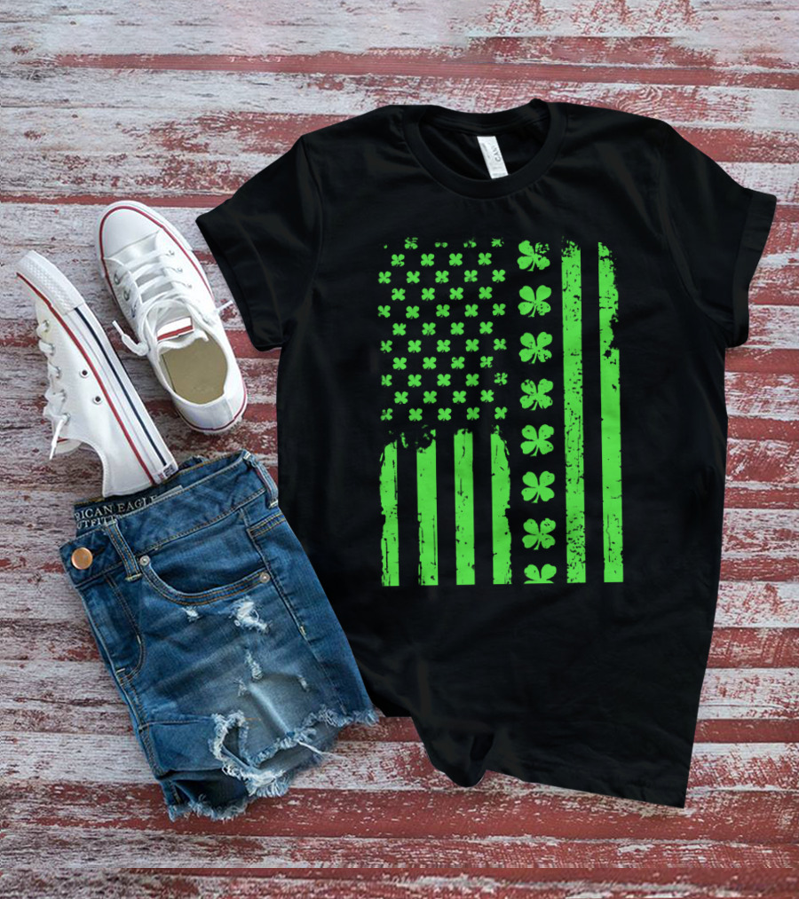 American Flag Green Clover Shamrock T-Shirt