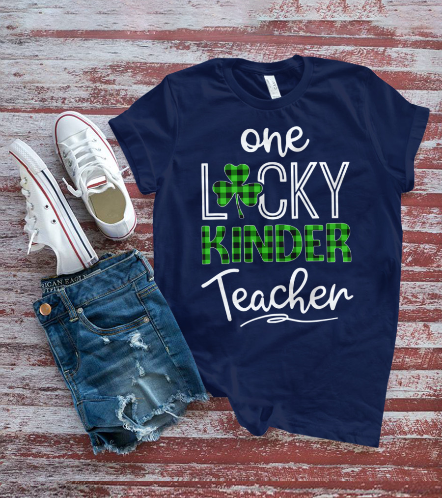 One Lucky Kinder Teacher Shamrock Plaid T-Shirt