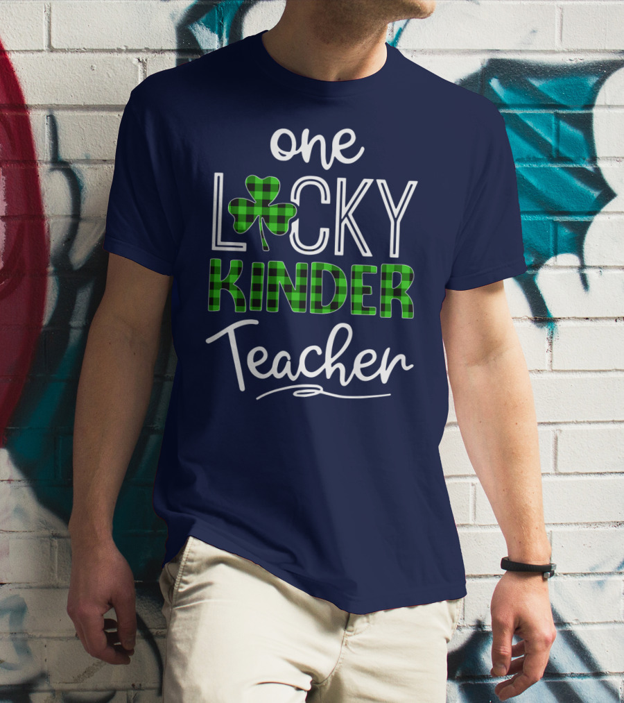 One Lucky Kinder Teacher Shamrock Plaid T-Shirt