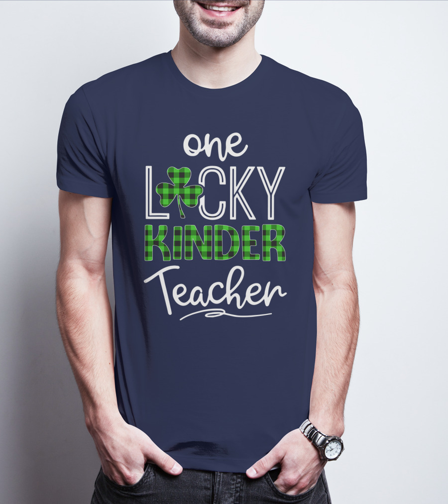 One Lucky Kinder Teacher Shamrock Plaid T-Shirt