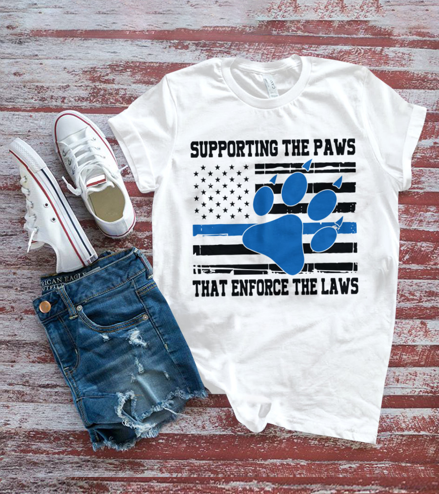 Supporting The Paws That Enforce The Laws American Flag Blue Paw Prints T-Shirt